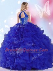 Traditional Royal Blue Organza Lace Up Halter Top Sleeveless Floor Length Vestidos de Quinceanera Beading and Ruffles
