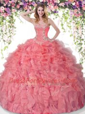 Attractive Coral Red Lace Up Vestidos de Quinceanera Beading and Ruffles Sleeveless Floor Length