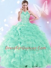 Custom Made Ball Gowns Sweet 16 Dresses Apple Green Halter Top Organza Sleeveless Floor Length Lace Up