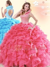 Exquisite Coral Red Organza Backless High-neck Sleeveless Floor Length Quinceanera Dresses Beading and Ruffles