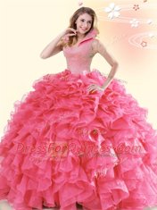 Exquisite Coral Red Organza Backless High-neck Sleeveless Floor Length Quinceanera Dresses Beading and Ruffles