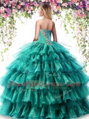 Floor Length Lace Up Quince Ball Gowns Green for Military Ball and Sweet 16 and Quinceanera with Beading and Ruffled Layers