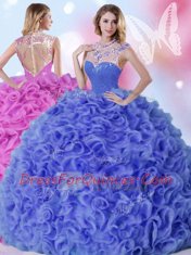 Custom Fit Floor Length Zipper Quince Ball Gowns Blue for Military Ball and Sweet 16 and Quinceanera with Beading and Ruffles