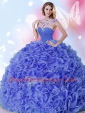 Custom Fit Floor Length Zipper Quince Ball Gowns Blue for Military Ball and Sweet 16 and Quinceanera with Beading and Ruffles