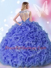 Custom Fit Floor Length Zipper Quince Ball Gowns Blue for Military Ball and Sweet 16 and Quinceanera with Beading and Ruffles