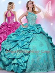 Superior Halter Top Sleeveless Floor Length Beading and Lace and Appliques and Pick Ups Lace Up Sweet 16 Quinceanera Dress with Teal