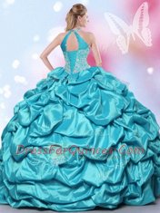 Superior Halter Top Sleeveless Floor Length Beading and Lace and Appliques and Pick Ups Lace Up Sweet 16 Quinceanera Dress with Teal