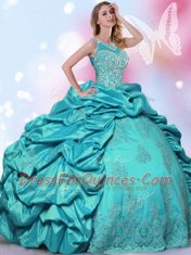 Superior Halter Top Sleeveless Floor Length Beading and Lace and Appliques and Pick Ups Lace Up Sweet 16 Quinceanera Dress with Teal