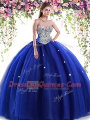 Ball Gowns Quinceanera Gowns Royal Blue Sweetheart Tulle Sleeveless Floor Length Lace Up
