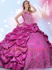 Halter Top Pick Ups Fuchsia Sleeveless Taffeta Lace Up Sweet 16 Quinceanera Dress for Military Ball and Sweet 16 and Quinceanera