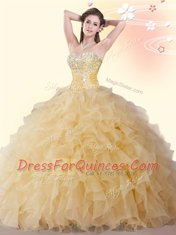 Gold Ball Gowns Sweetheart Sleeveless Organza Floor Length Lace Up Beading and Ruffles 15th Birthday Dress