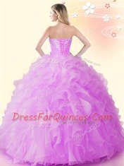 Gold Ball Gowns Sweetheart Sleeveless Organza Floor Length Lace Up Beading and Ruffles 15th Birthday Dress