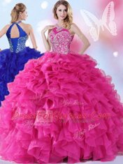 New Arrival Halter Top Hot Pink Ball Gowns Beading and Ruffles Quinceanera Dress Lace Up Organza Sleeveless Floor Length