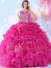 New Arrival Halter Top Hot Pink Ball Gowns Beading and Ruffles Quinceanera Dress Lace Up Organza Sleeveless Floor Length