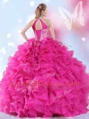 New Arrival Halter Top Hot Pink Ball Gowns Beading and Ruffles Quinceanera Dress Lace Up Organza Sleeveless Floor Length