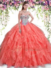 Exceptional Orange Red Sleeveless Beading and Ruffles Floor Length Sweet 16 Dress