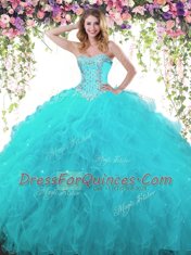 On Sale Floor Length Teal Sweet 16 Dress Organza and Tulle Sleeveless Beading and Ruffles