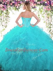 On Sale Floor Length Teal Sweet 16 Dress Organza and Tulle Sleeveless Beading and Ruffles