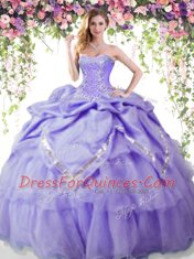 Lavender Organza and Taffeta Lace Up Sweetheart Sleeveless Floor Length Quince Ball Gowns Beading and Pick Ups