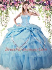 Affordable Baby Blue Organza and Taffeta Lace Up Sweet 16 Quinceanera Dress Sleeveless Floor Length Beading and Pick Ups
