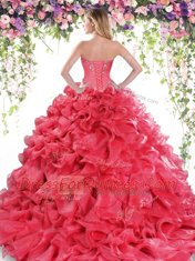 Ideal Sweetheart Sleeveless Quince Ball Gowns Sweep Train Beading and Ruffles Purple Organza