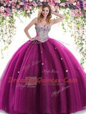New Arrival Fuchsia Ball Gowns Beading Vestidos de Quinceanera Lace Up Tulle Sleeveless Floor Length