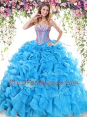 Baby Blue Lace Up Quinceanera Gowns Beading and Ruffles Sleeveless Sweep Train