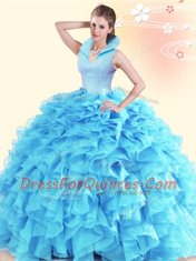 Backless Floor Length Aqua Blue Quinceanera Dresses Organza Sleeveless Beading and Ruffles