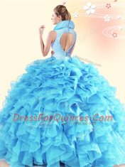Backless Floor Length Aqua Blue Quinceanera Dresses Organza Sleeveless Beading and Ruffles