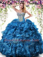 Modern Blue Sleeveless Beading and Ruffles Floor Length Quinceanera Dresses