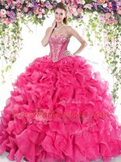 Beautiful Organza Sweetheart Sleeveless Sweep Train Lace Up Beading and Ruffles 15th Birthday Dress in Hot Pink