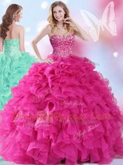 Sweet Hot Pink Sleeveless Organza Lace Up Sweet 16 Quinceanera Dress for Military Ball and Sweet 16 and Quinceanera