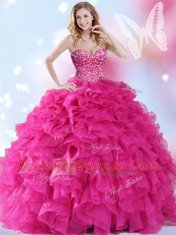 Sweet Hot Pink Sleeveless Organza Lace Up Sweet 16 Quinceanera Dress for Military Ball and Sweet 16 and Quinceanera
