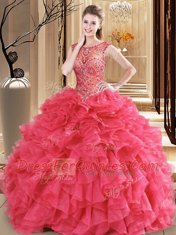 Coral Red Ball Gowns Scoop Sleeveless Organza Floor Length Lace Up Beading and Ruffles Sweet 16 Dresses