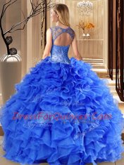Coral Red Ball Gowns Scoop Sleeveless Organza Floor Length Lace Up Beading and Ruffles Sweet 16 Dresses