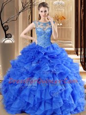 Scoop Royal Blue Lace Up 15 Quinceanera Dress Beading and Ruffles Sleeveless Floor Length