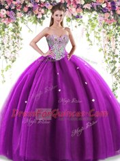 Vintage Eggplant Purple Ball Gowns Tulle Sweetheart Sleeveless Beading Floor Length Lace Up Quinceanera Gown