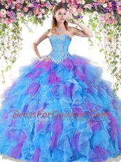 Pretty Sweetheart Sleeveless Organza Vestidos de Quinceanera Beading and Ruffles Lace Up