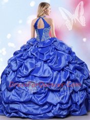 Designer Halter Top Sleeveless Taffeta Floor Length Lace Up Sweet 16 Quinceanera Dress in Blue with Beading and Lace and Appliques and Pick Ups