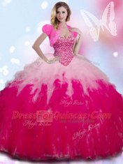 Four Piece Sleeveless Tulle Floor Length Lace Up Quince Ball Gowns in Multi-color with Beading and Ruffles