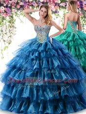 Sweetheart Sleeveless 15th Birthday Dress Floor Length Beading and Ruffled Layers Teal Organza