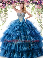 Sweetheart Sleeveless 15th Birthday Dress Floor Length Beading and Ruffled Layers Teal Organza
