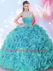 Aqua Blue Sleeveless Organza Zipper Ball Gown Prom Dress for Military Ball and Sweet 16 and Quinceanera