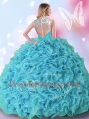 Aqua Blue Sleeveless Organza Zipper Ball Gown Prom Dress for Military Ball and Sweet 16 and Quinceanera