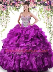 Floor Length Purple Sweet 16 Dresses Organza Sleeveless Beading and Ruffles