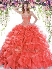 Red Sweetheart Lace Up Beading and Ruffles 15th Birthday Dress Sweep Train Sleeveless