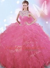 Excellent Rose Pink Zipper High-neck Beading Vestidos de Quinceanera Tulle Sleeveless