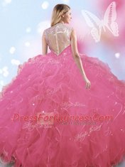 Excellent Rose Pink Zipper High-neck Beading Vestidos de Quinceanera Tulle Sleeveless