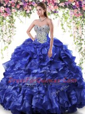 Eye-catching Sleeveless Floor Length Beading and Ruffles Lace Up Quince Ball Gowns with Royal Blue