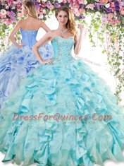 Baby Blue Sleeveless Organza and Taffeta Lace Up Quince Ball Gowns for Military Ball and Sweet 16 and Quinceanera